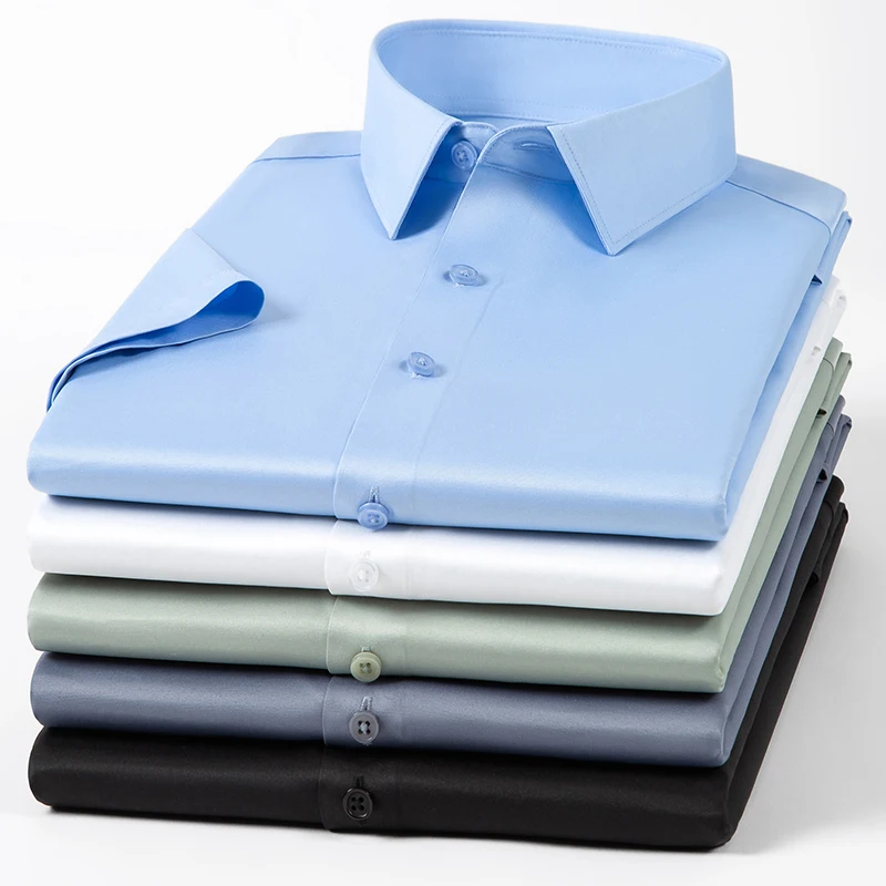 2023 Summer Short Sleeve High Density Silky Material Solid  Elastic Business Men Dress Shirts No Pocket Stretch Clothes 4
