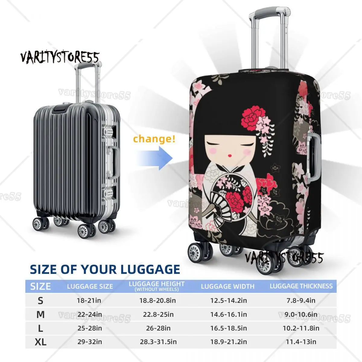 Fashion Kokeshi Doll Cherry Blossoms Luggage Cover Protector Washable Japanese Kimono Geisha Girl Travel Suitcase Covers