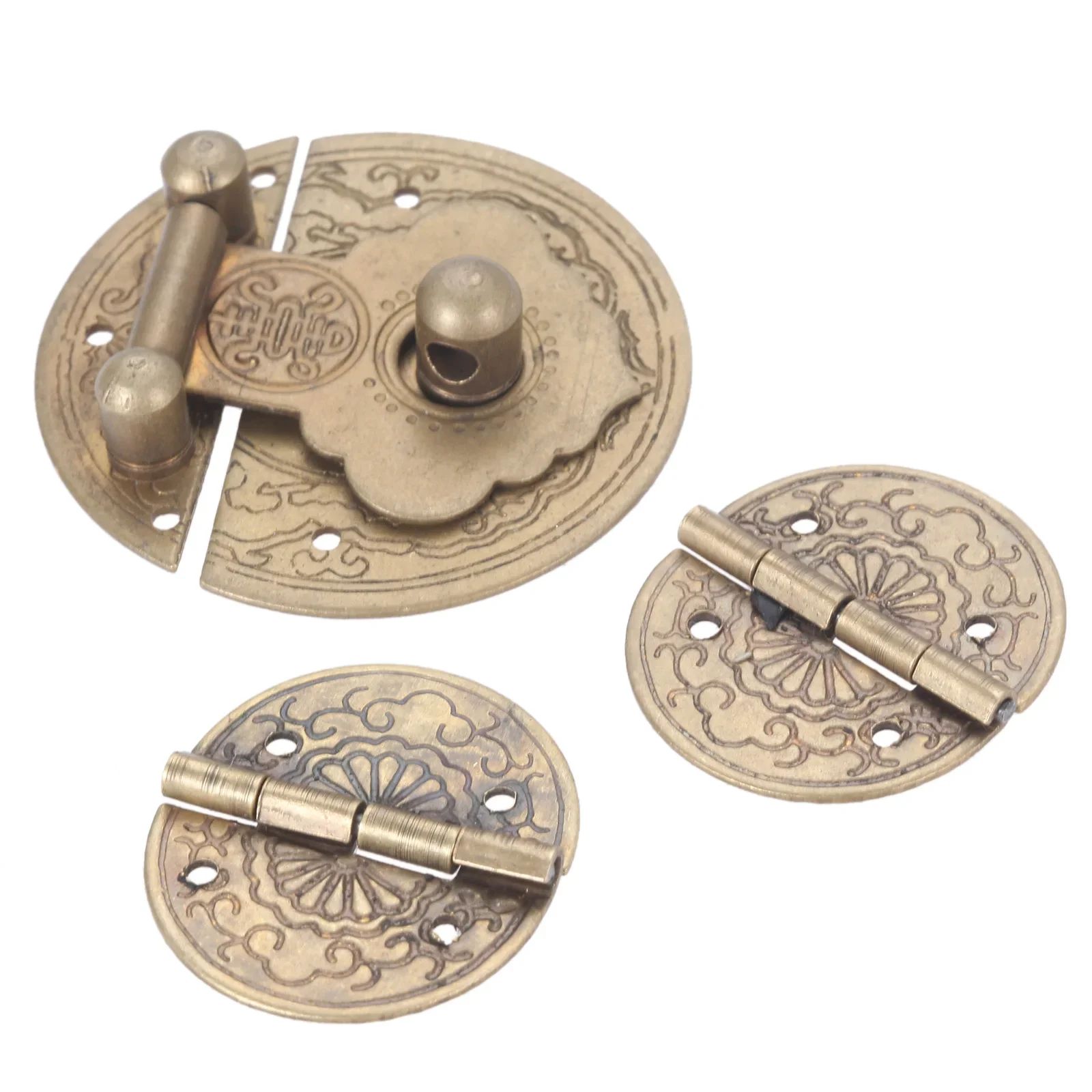 3pcs Vintage Brass Chinese Lock Set 36mm European Mini Wooden Box Vase Buckle Hasp Latch Lock Decorative Hinges Screws