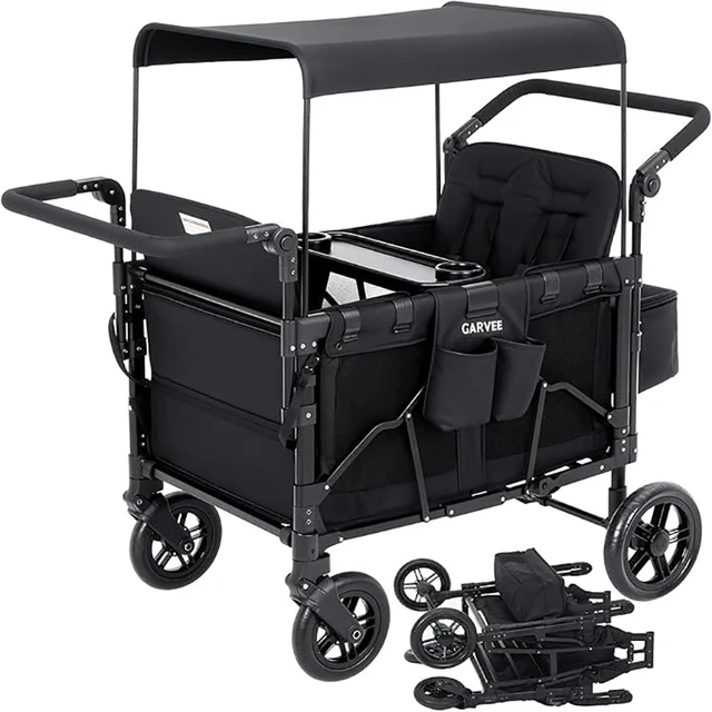 Wagon poussette tout-terrain 4 places, design pliable pousser/tirer avec rotation à 360° °   Roues avec auvent solaire réglable, sécurité à 5 points 1