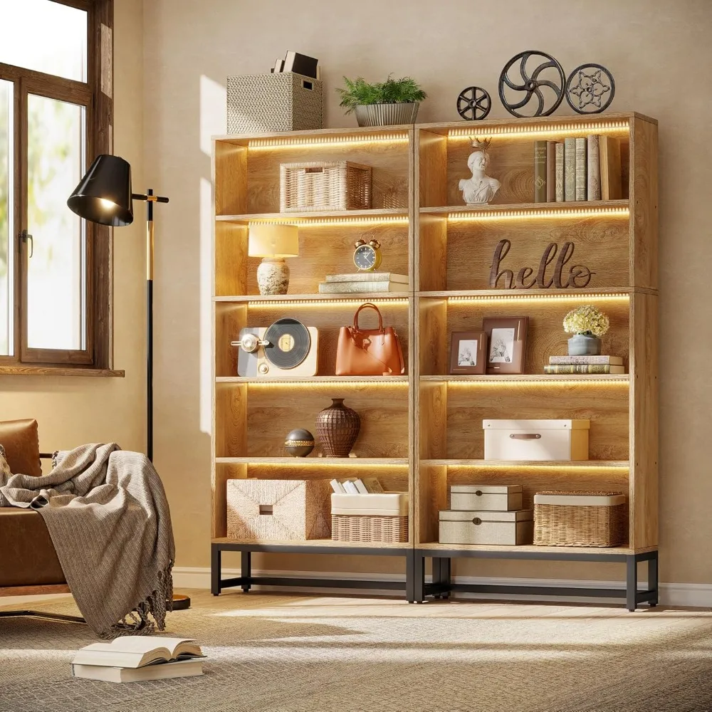 Brown wood metal bookcase LED close-up