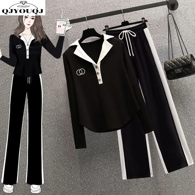 Women's Set Spring and Autumn Korean Edition Slimming Polo Collar Age Reducing Long Sleeved Top Casual Pants Two Piece Set
