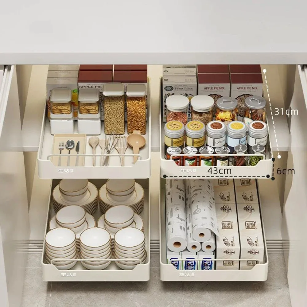 Kitchen Pull Out Metal Storage Box Spice Box Storage Rack with Slide Rail Tray