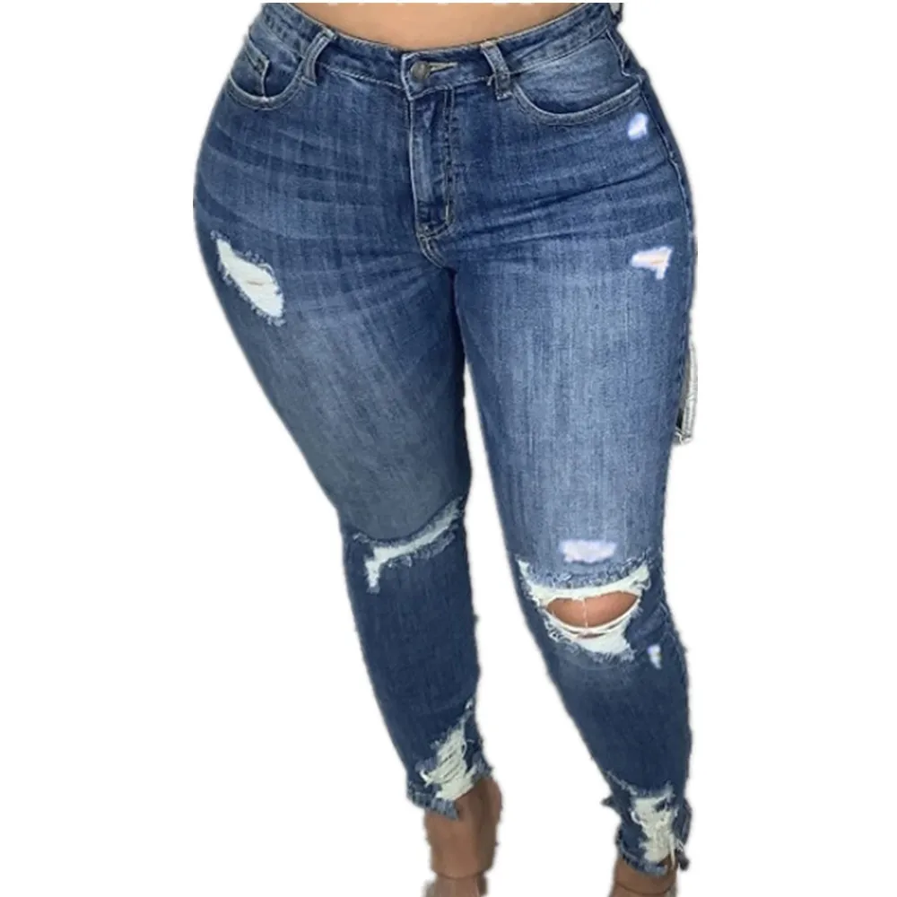 Women's Plus Size High Waist Distressed Skinny Jeans - Blue Ripped Denim Pants