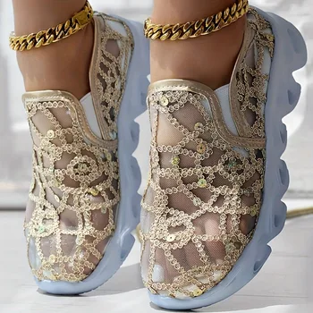 Women's Glitter Mesh Casual Sneakers with Sequin Lace-Up Design Breathable Fabric Upper Sole Low-Top Comfortable Walking Shoes 1