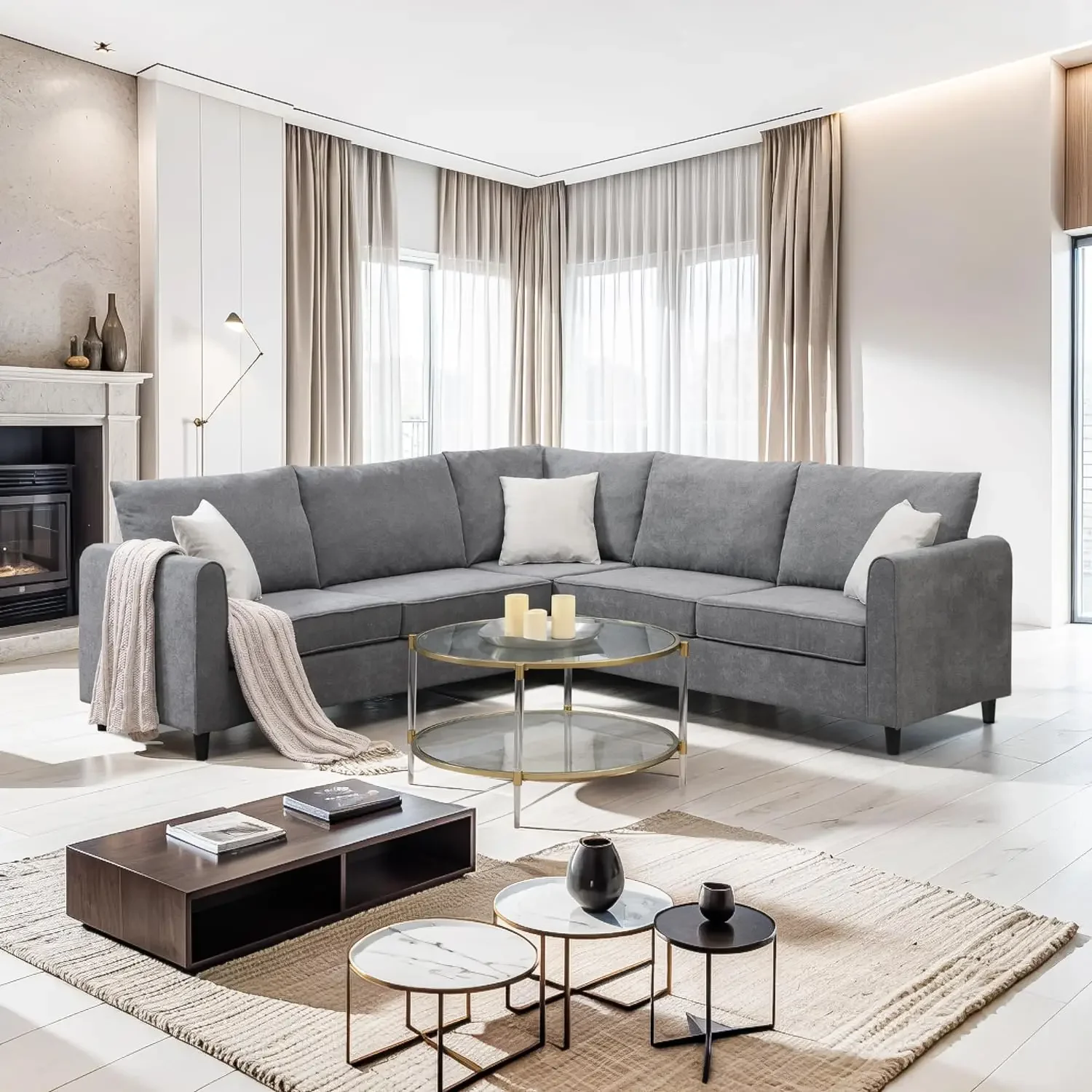 

L-Shaped Sectional Sofa Couch with 3 Pillows, Modern Upholstered Living Room Furniture Sets for Apartment Office Dorm, Grey