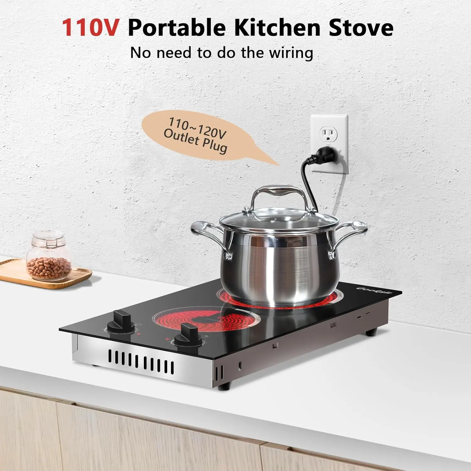 2 Burner Electric Cooktop-110v Countertop Electric Stovetop 2000W, 12 Inch Ceramic Stove with Residual Heat Indicator, Over