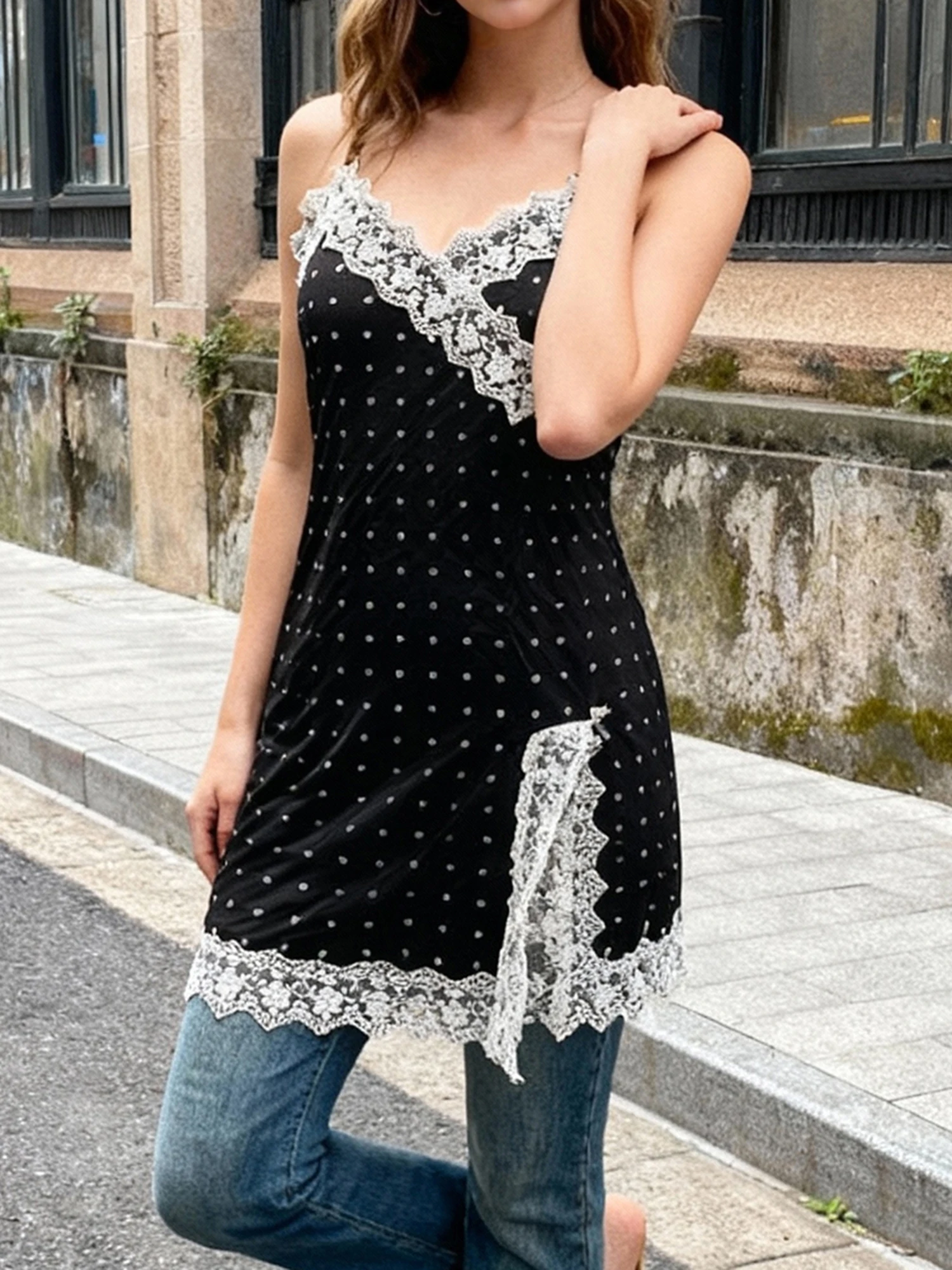 Women s Sleeveless V Neck Tank Top with Spaghetti Straps Polka Dot Print and Lace Patchwork Detail Summer Vest Shirt