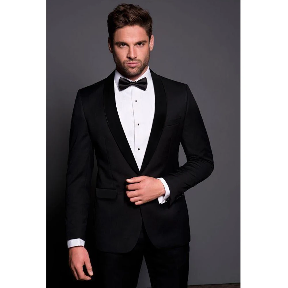 

Black Velvet Shawl Lapel Men Suits Elegant Single Button Groom Wedding Tuxedo Fashion Prom Party Banquet Male Suit Two Piece