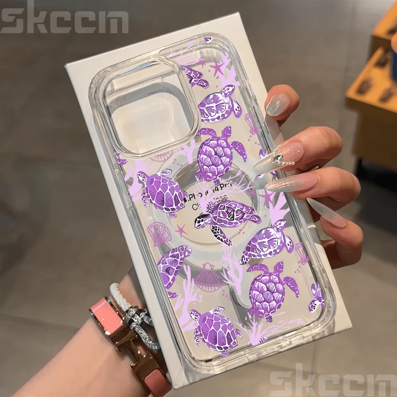 Ocean Life Theme Clear Phone Case with Magnetic Wireless Charging Cover