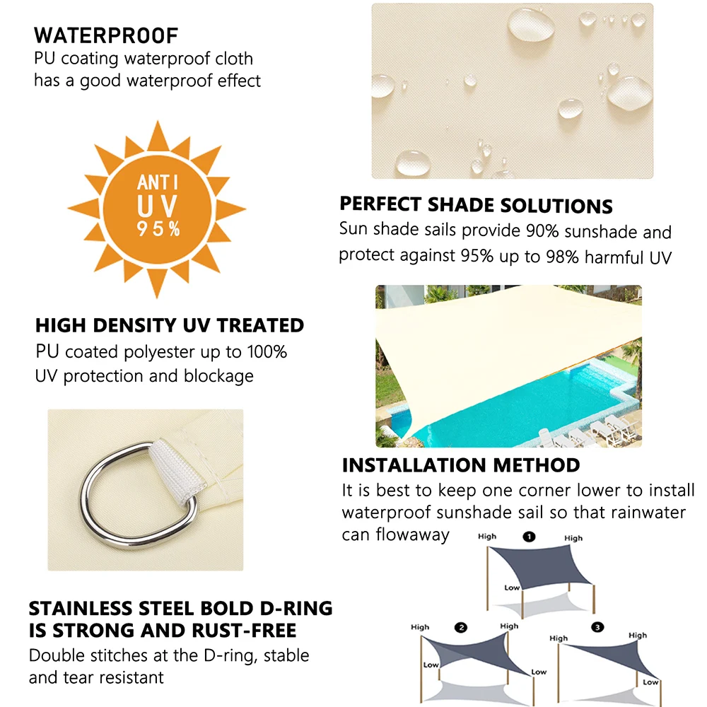 Description Picture 4 of itemWaterproof Shade Sail  Garden Canopy Pool Sun Shade Camping Gazebo For Outdoor Awnings Carport 95% UV Square Rectangle Triangl