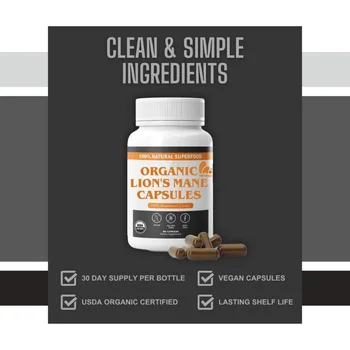 Organic Lion Mane Mushroom Extract Capsules -100% pure mushroom extract, vegan superfood supplement 60 capsule
