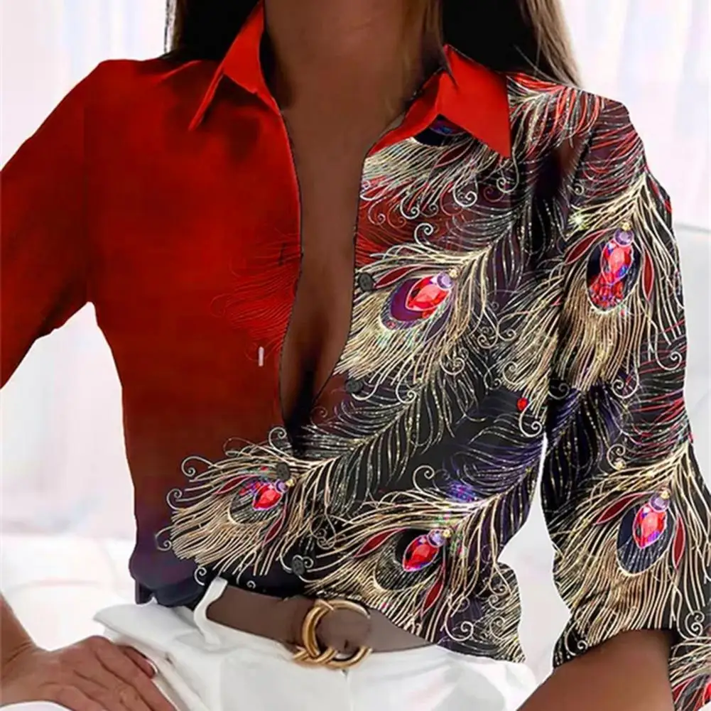 

Long Sleeve Shirt Top Feather Print Single Breasted Shirt Women's Gemstone Lapel Top for Streetwear for Spring Autumn Fashion