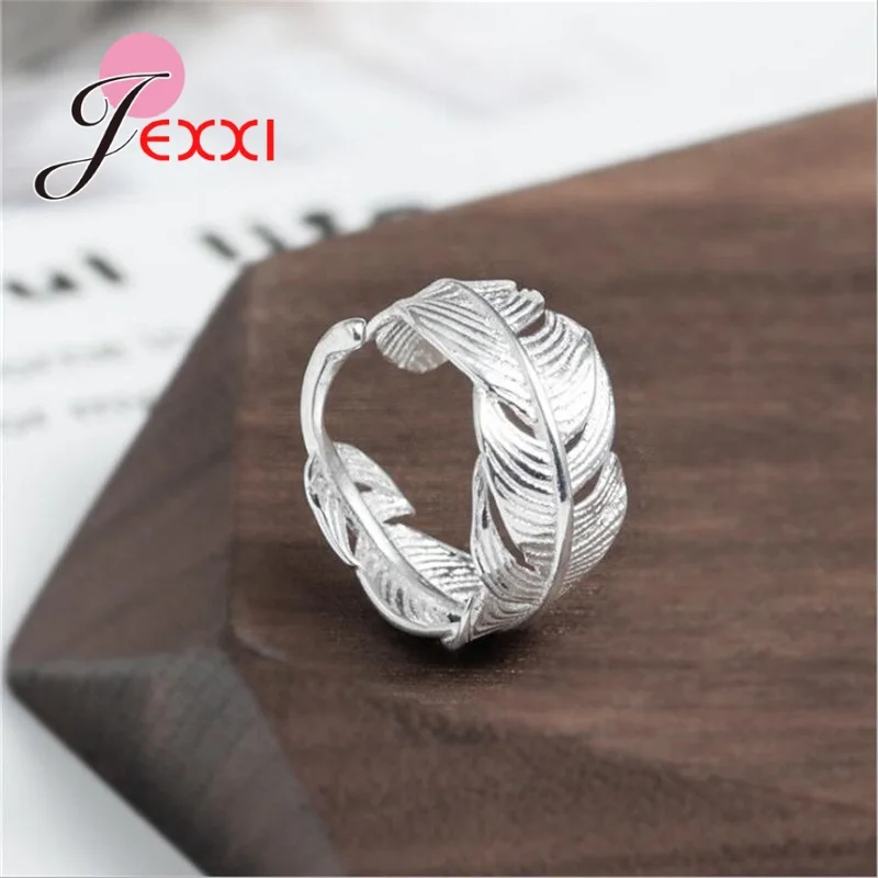 Silver Ring 925 Sterling Silver Feather Shape Open Finger Rings For Women Crystal Jewelry Christmas Gift Adjustable