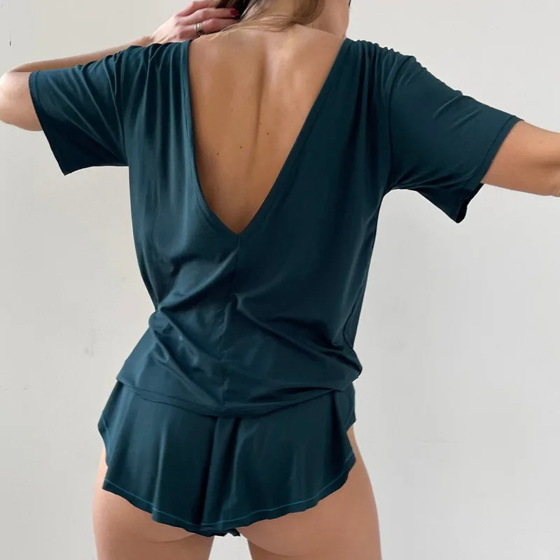 Summer Fashion Round Neck Backless Solid Color Pajamas Short-sleeved Shorts Set Outside The Home Wear Women's Two Pieces Set