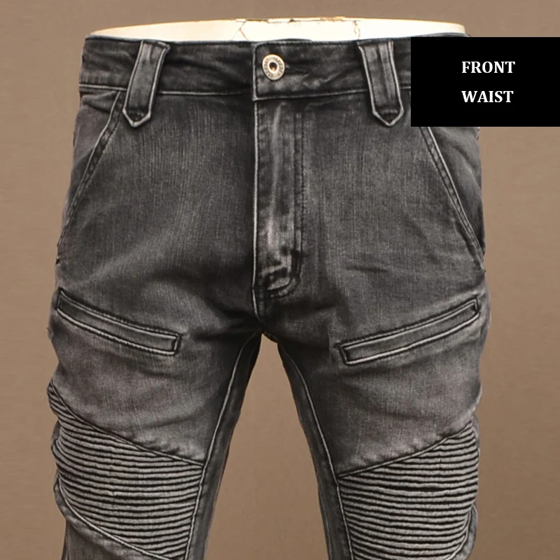 Street Fashion Men Jeans Retro Black Gray Stretch Skinny Fit Spliced Biker Jeans Homme Patched Designer Hip Hop Denim Pants Men