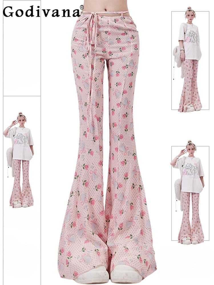 Korean Fashion Girly Sweet Y2k Casual Pants 2024 Summer New Printed Hollow Slim-Fit Sexy Elegant Flare Pants Women Trousers