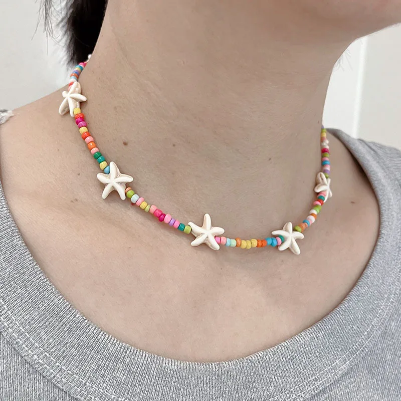 Böhmische Seestern Perlenkette Bunte Sommer Strand Halskette Damen_voghion.com