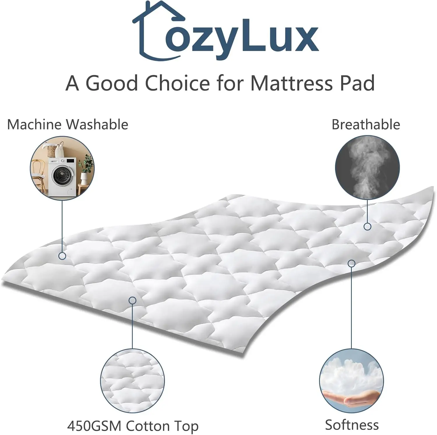Queen Mattress Pad Cotton Deep Pocket Mattress Cover Non Slip Breathable and Soft Quilted Fitted Topper Up to 18"