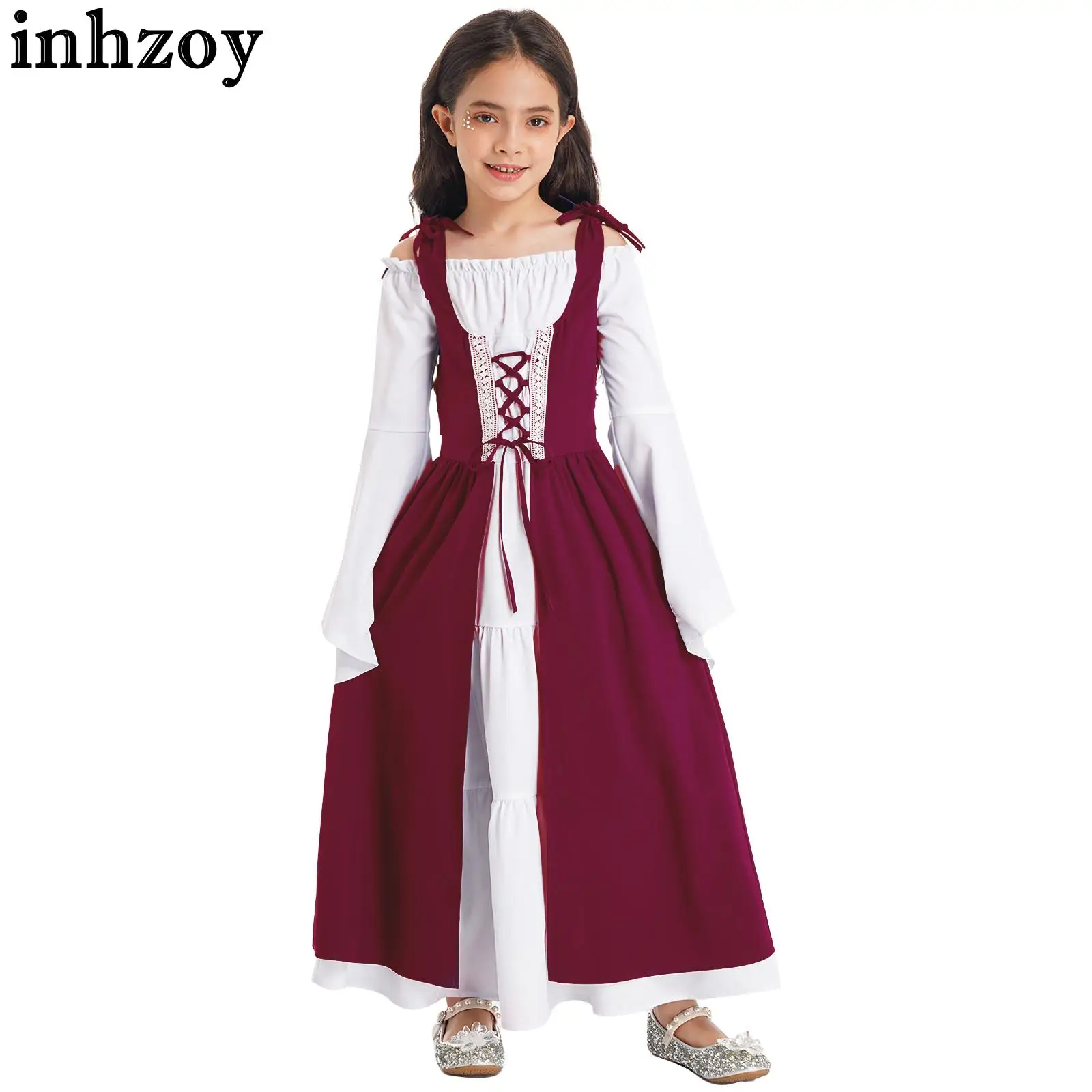 

Kids Girls Medieval Renaissance Style Dress Square Neck Flare Sleeve Adjustable Lace-up Maxi Dress Halloween Cosplay Costume