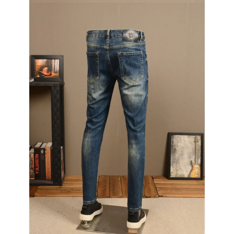 Vintage Blue Ripped Jeans Men's Spring and Autumn Stretch Slim Fit Fashion Embroidered Printed Street Casual Ankle Banded Pants