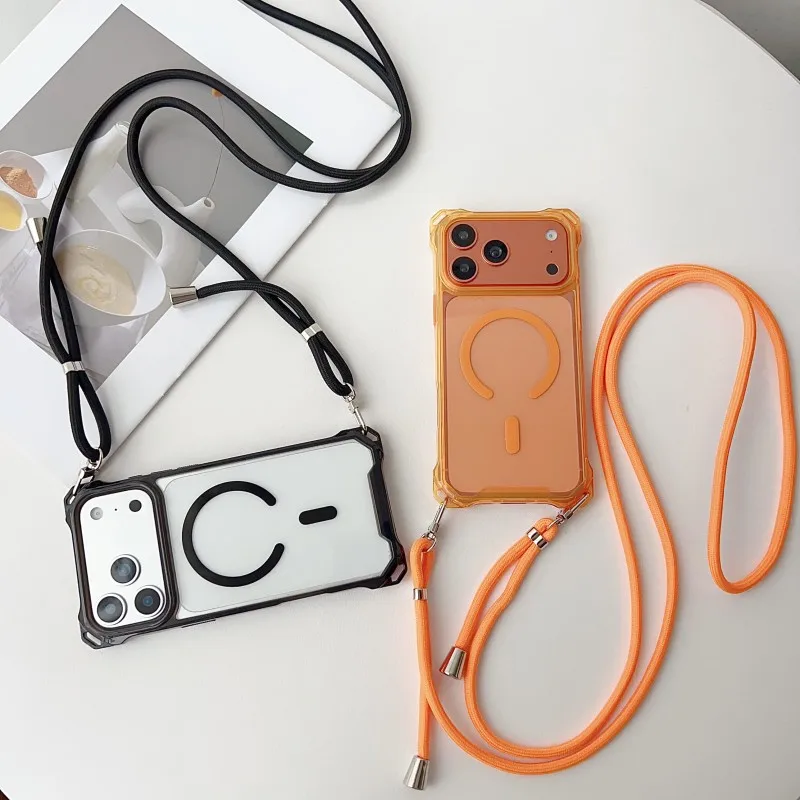 Shockproof Transparent Crossbody Strap Case with Magnetic Lanyard Cord