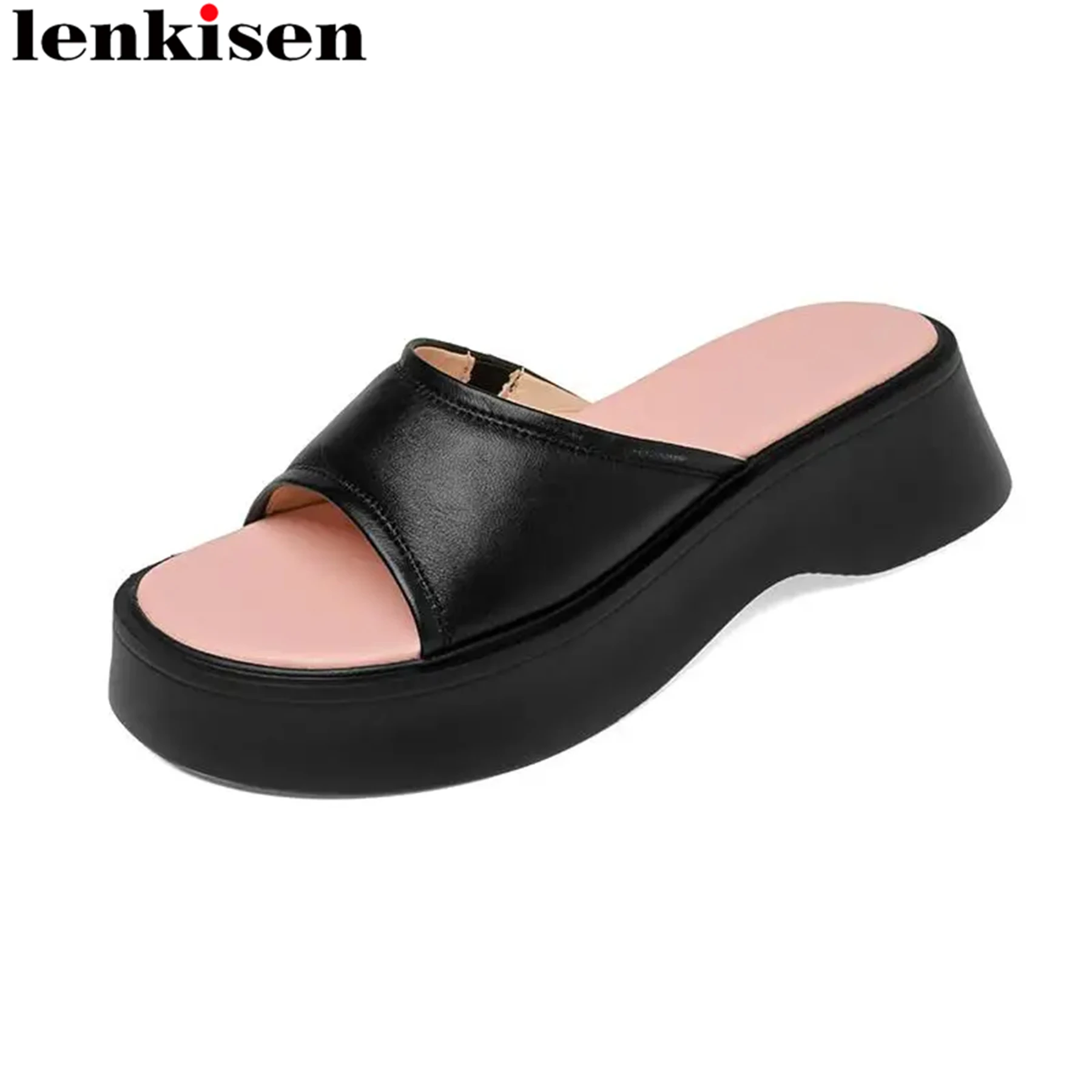 

Lenkisen Cow Leather Peep Toe Slingback Mules Slip On Summer Shoes Med Heels Flat Platform Party Runway Modern Sandals Women Ins