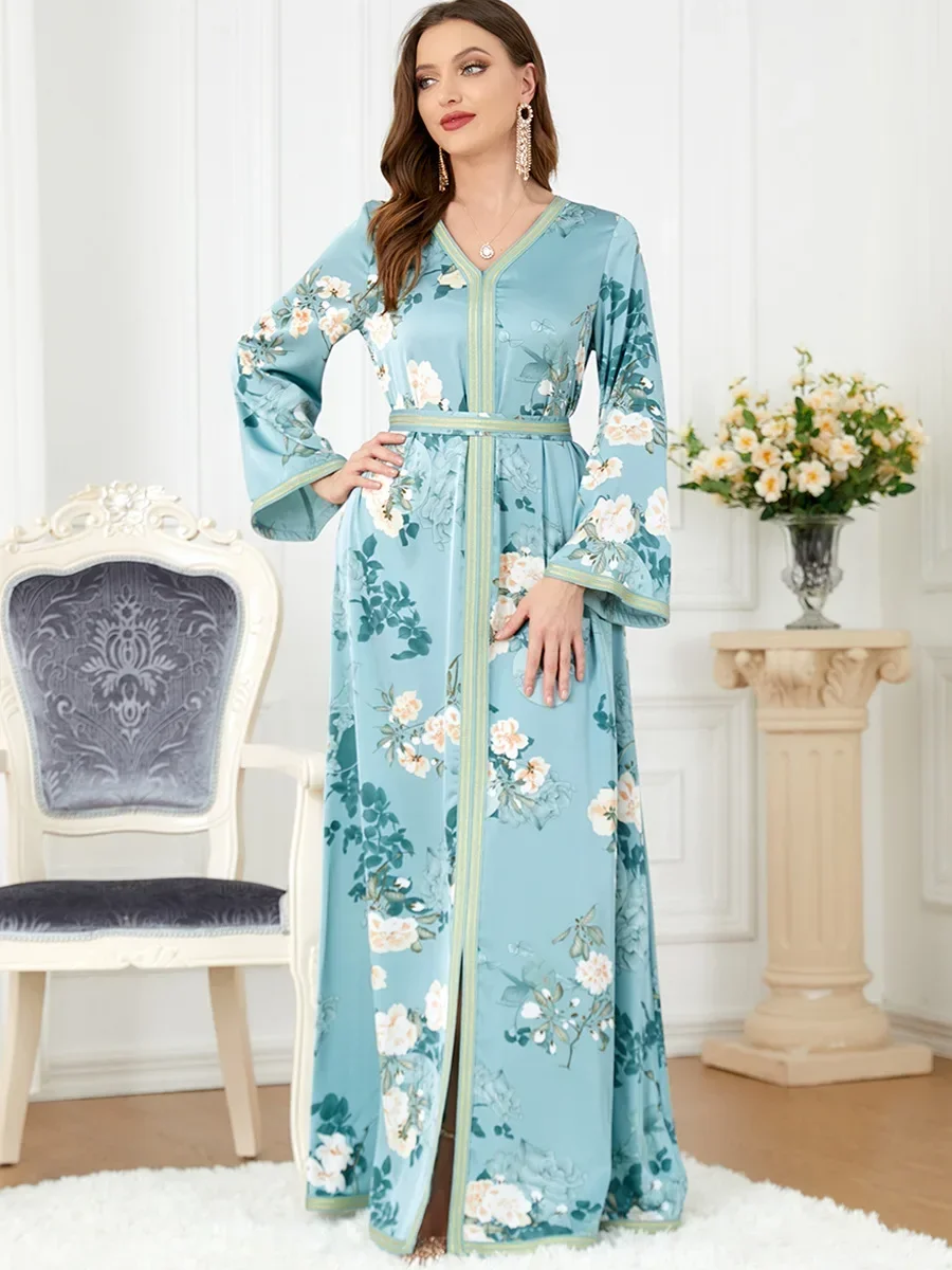 

New Floral Kaftan Arabic Long Dress Women Printed Muslim Moroccan Party Caftan Gulf Jalabiya Dubai Turkish Abayas Black Dresses