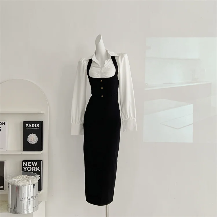 Y2K 3-piece Set Women Crop Coat Blazer White Shirt Halter Sleeveless Bodycon Midi Dress Autumn New Female Korean Chic Outfits