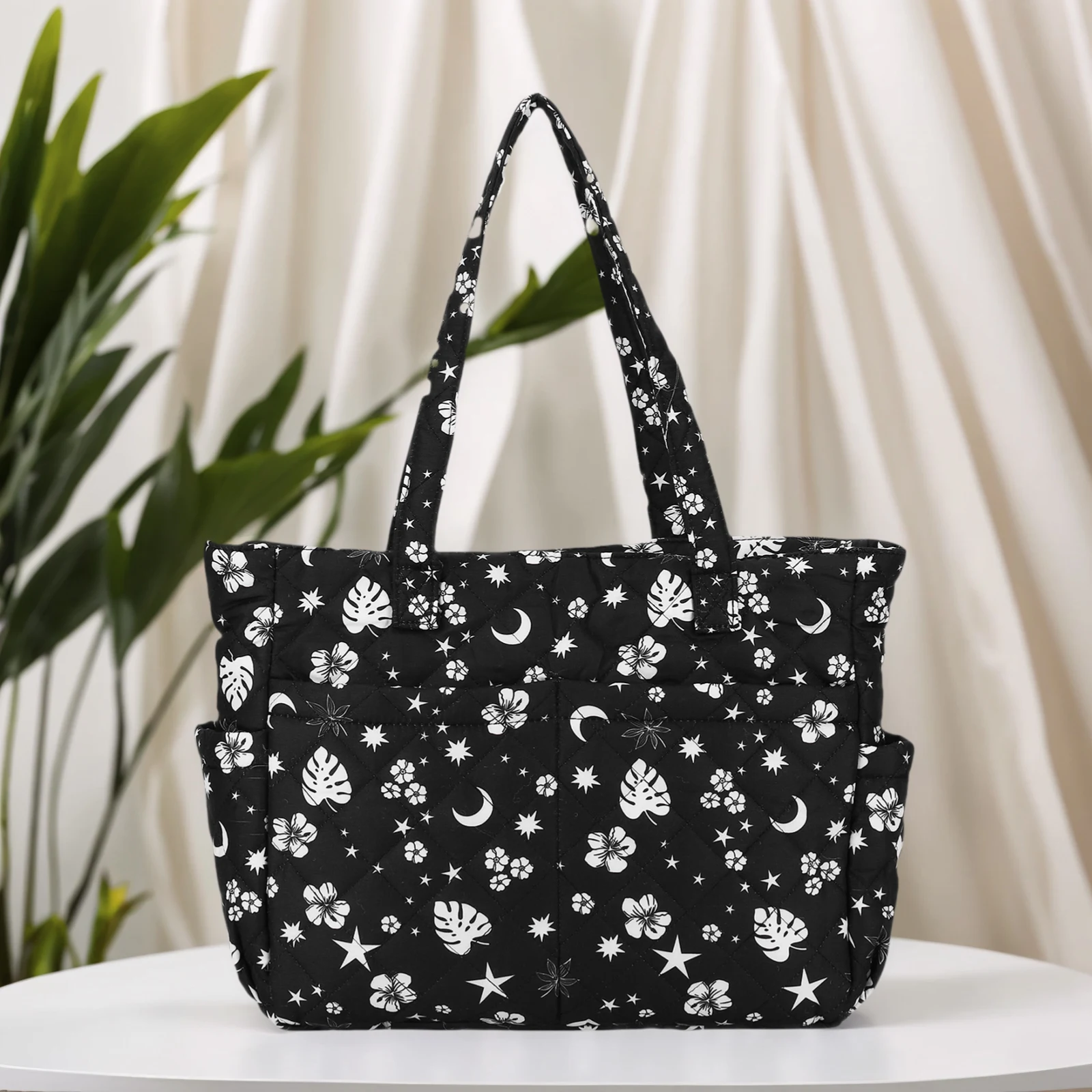 Women Floral Cotton-Padded Shoulder Bag with Multiple Pocket Tote Bag Underarm Bag Large Capacity for Daily Travel Work