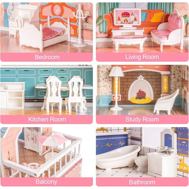 Wooden Dollhouse for Kids Girls, Toy Gift for 3 4 5 6 Years Old, with Furniture