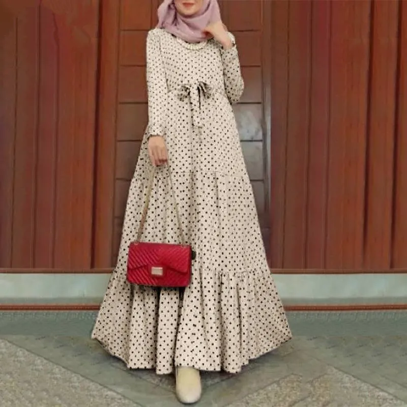 

2023 New Belt Kaftan Muslim Dress Abaya Polka Dot Print Islamic Long Sleeve Abayas Women Dubai Turkish Modesty Robe Jilbab