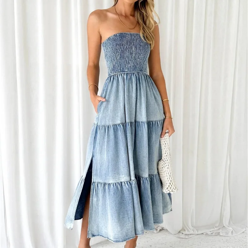 

Sexy Backless Strapless Dresses Summer Women Fashion Denim Dress New SLeeveless Elastic High Waist Elegant Maxi Hem Split Dress