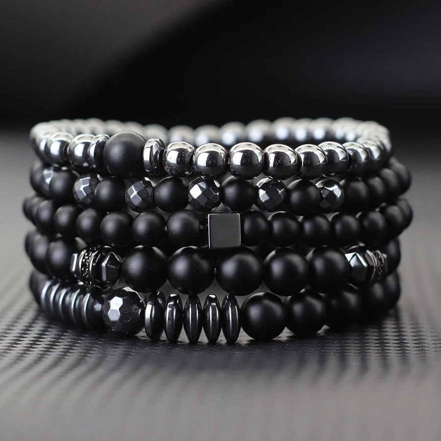 Men Black Onyx Hematite Beaded Luxury Zirconia Bracelet Set