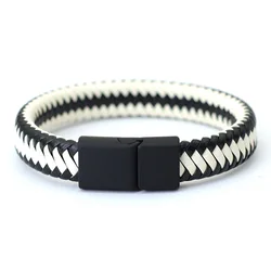 Men's Black Braided Leather Bracelet with Magnetic Clasp - Stylish Hand Accessory Gift - 20.5cm(8.1 Inch ) (Black White)