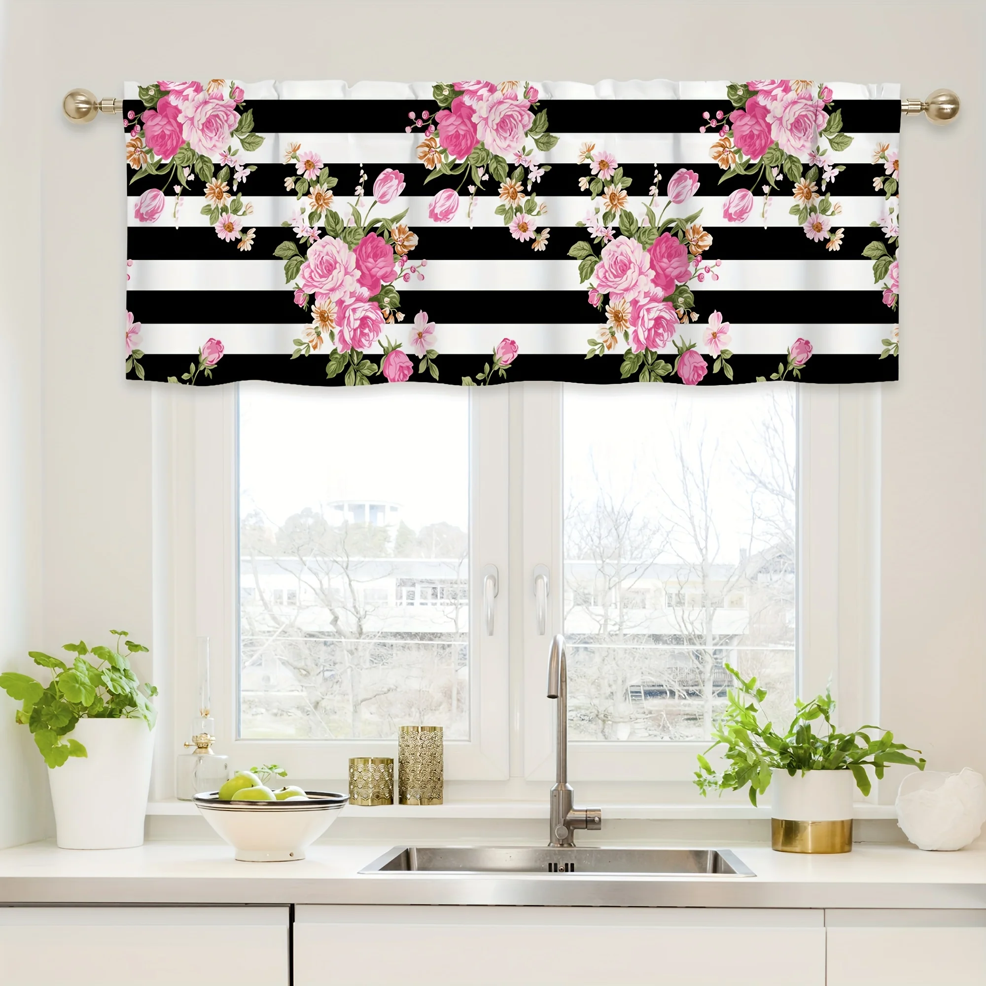 

1pcs Black Striped Colorful Floral Print Home Kitchen Bathroom Sink Sunshade Curtain Suitable for Study Kitchen Sunshade Cloth