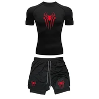 Men's Workout Compression Set Y2K Spider Printed Gym Tshirts Breathable Running Shorts Quick Dry Sports Rash Guard Sportwear Set 1