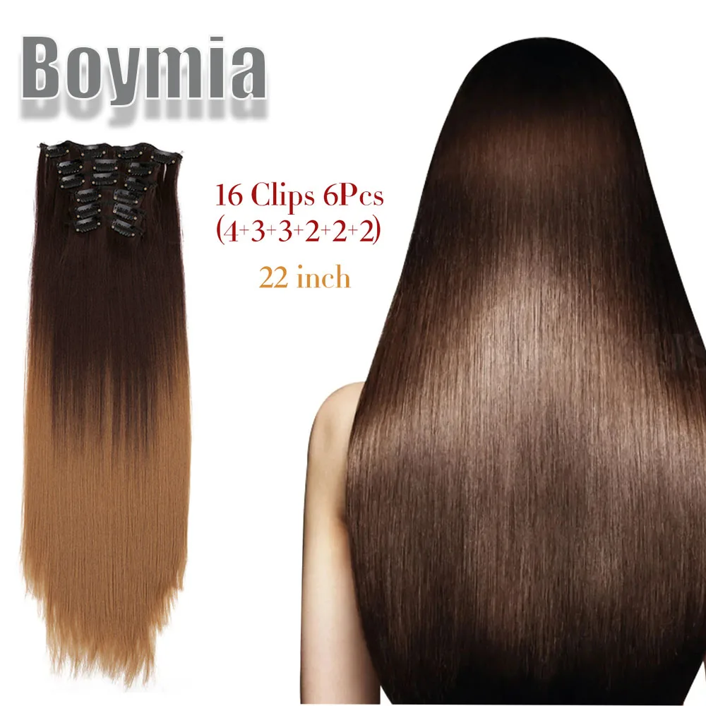 

Synthetic Clip On Hair Extension 6Pcs/Set 22inch Straight Hairpiece Curly 16 Clips In Hair Ombre Heat Resistant Fiber BOYMIA