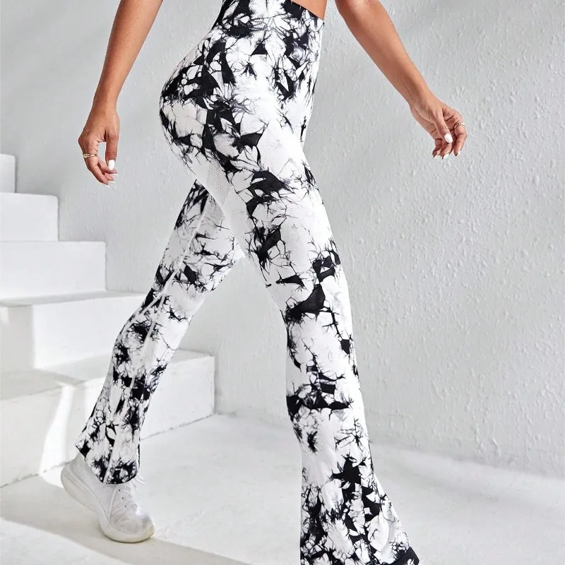 Women Tie Dye Flared Pants Knit Seamless Leggings High Waist Butt