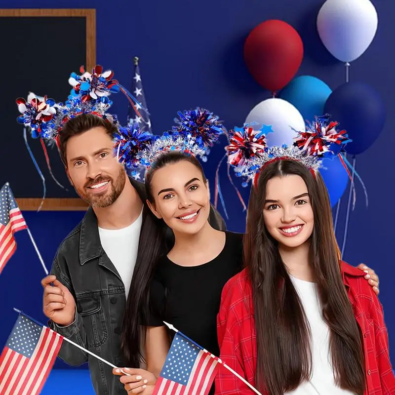 4th Of July Headband 6X Patriotic Hair Accessories With Red White Tassels Sphere Design Hair Decoration Costume Headwear For