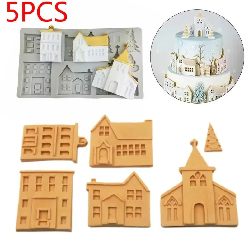 New House Silicone Mold Christmas Cake Lace Decoration Tools Snowman Castle Villa Shape Mold Ssuitable Home Kitchen Molds