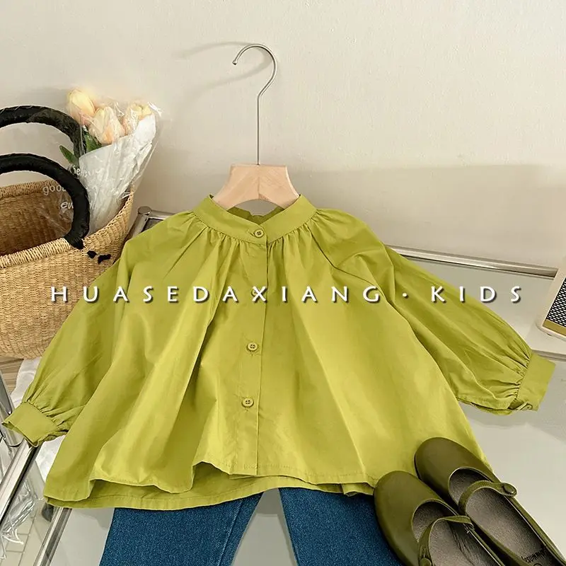 Girl Top New Spring Fashion Wild Style Puff Sleeves Doll Shirt Simple Loose Solid Long Sleeve Top Baby Girl Clothes