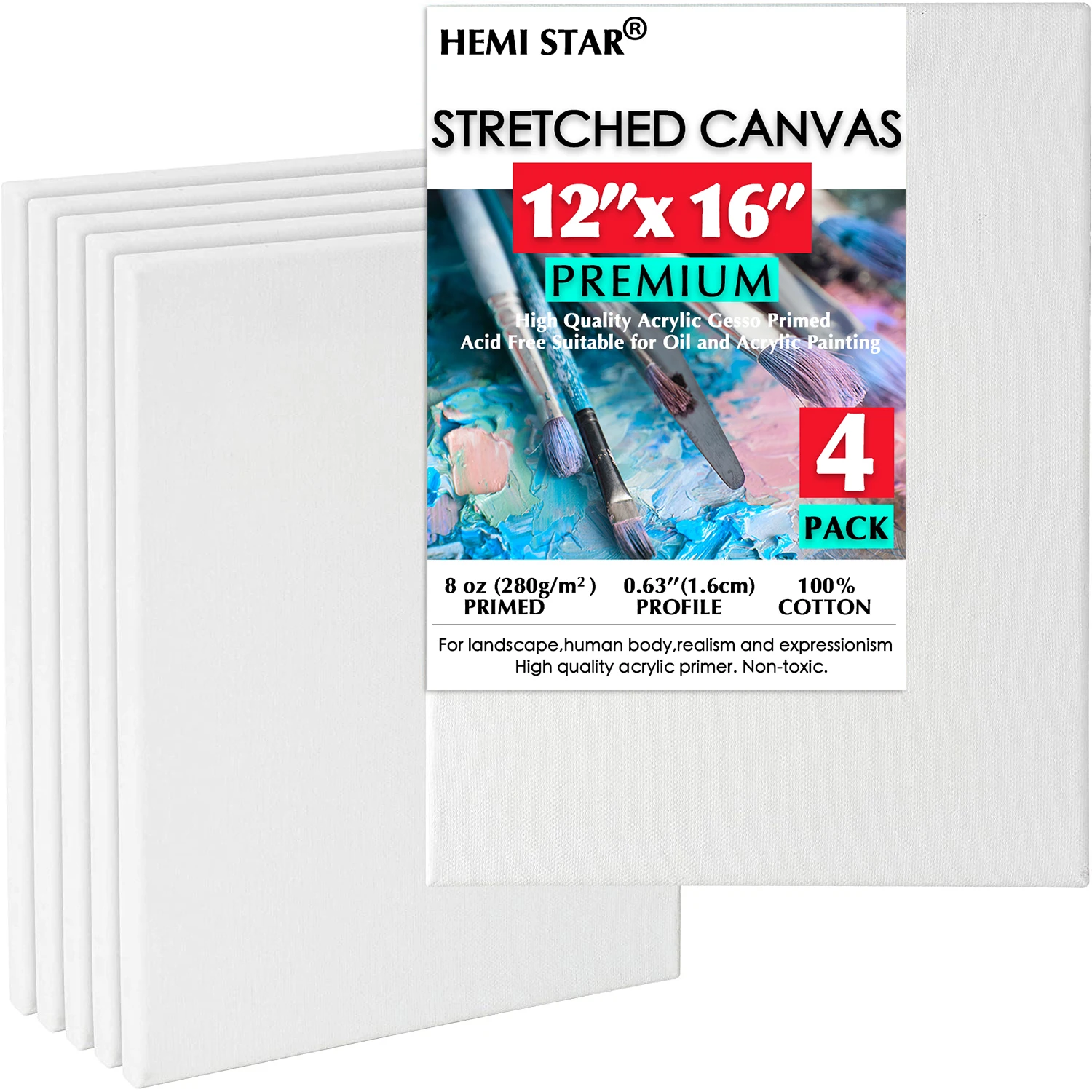 Stretched Canvas 4pcs Stretched Blank Canvases Boards for Painting, Acrylic, Oil, 100% Cotton, Acid-Free for Long-Lasting Colors