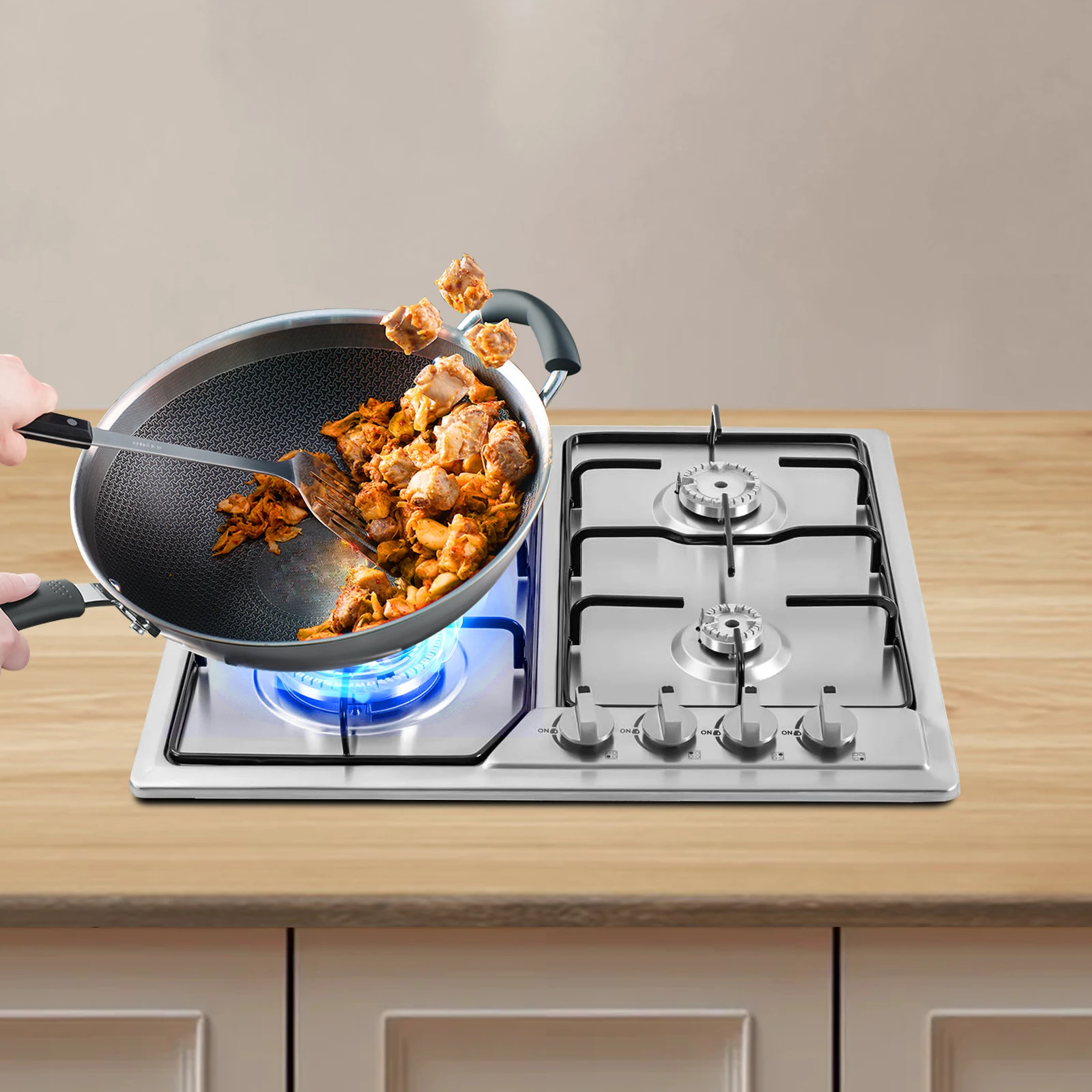 4 Burners Gas Stove Built-in Stainless Steel Cooktop with Safety Auto Shut-off Gas Cooker for Home Restaurant