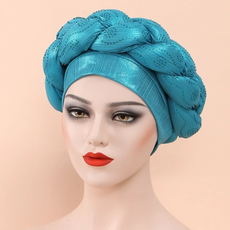 Cravatta Nigeriana Per Donna Cappellino Turbante Intrecciato Cappello Hijab Con Paillettes Lady Auto Geles Aso Oke Già Realizzato Ebi Head Wrap Turban