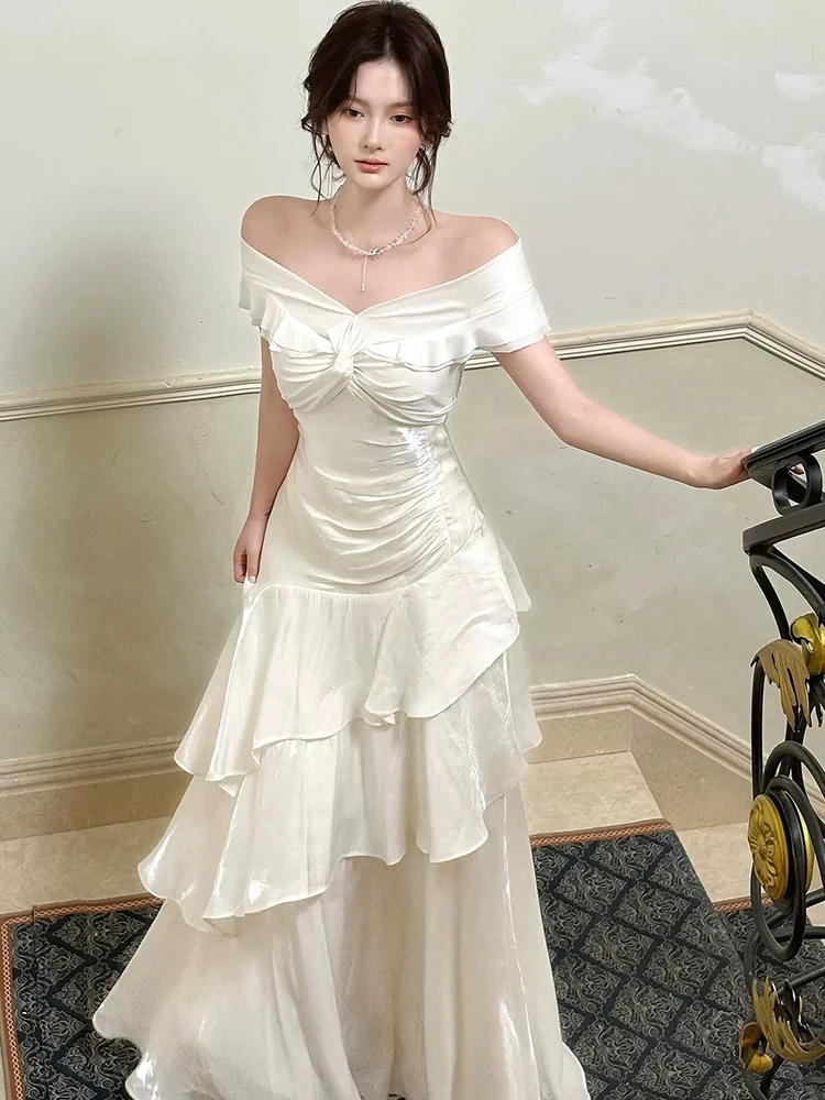 Nuovo Abito Lungo Elegante Francese da Donna, con Volant, Scollo a Barca, Vestito a Sirena Slim, Senza Maniche, Stile Tromba, Estetico Femminile - immagine 5