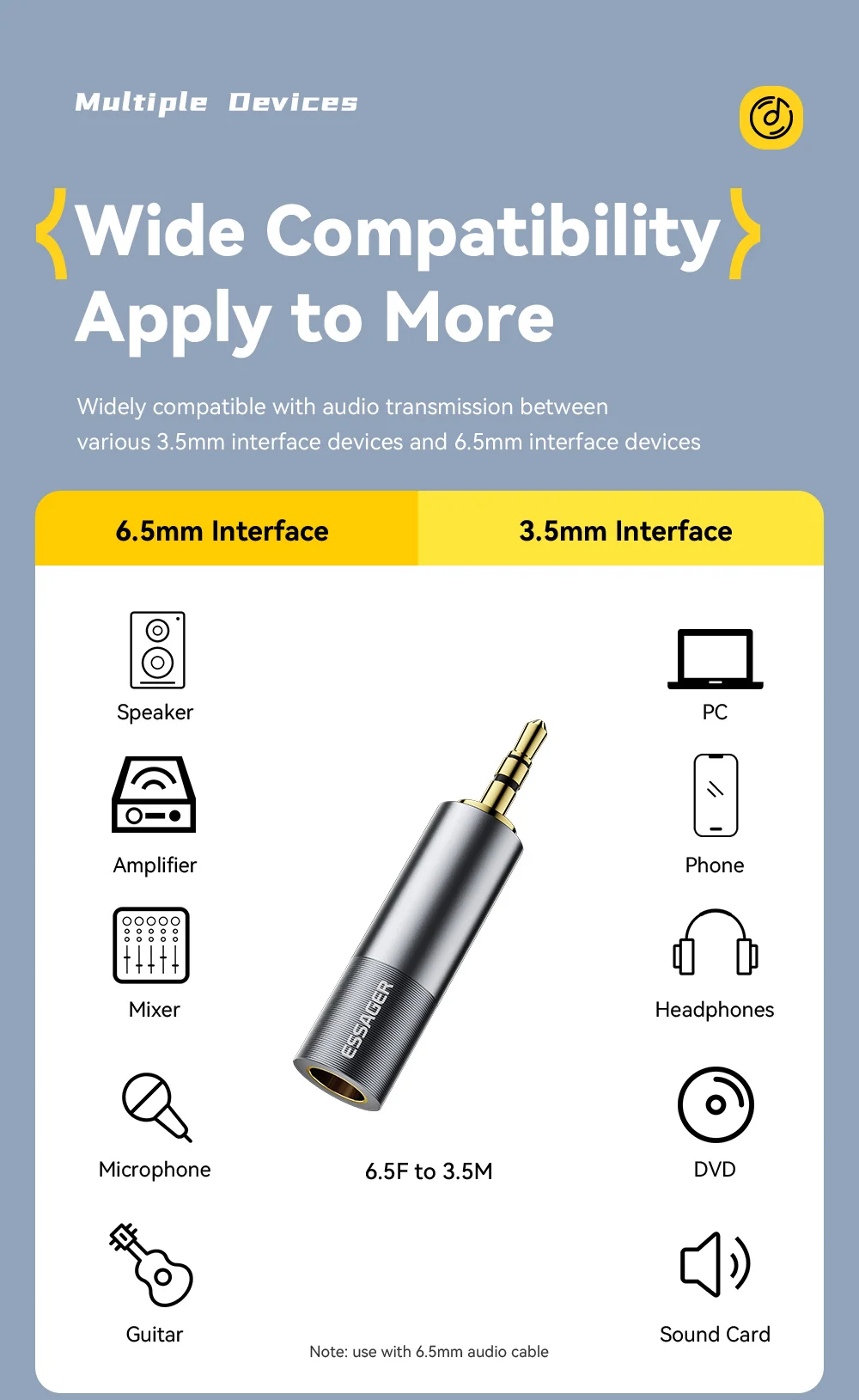 3.5mm To 6.5mm Audio Jack Adapter For Phone PC Earphones Speaker Sound Card Guit