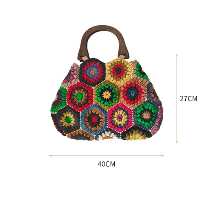 Bohemian Granny SquareCrochet Women Handbags Vintage Wooden Knitted Hand Bags Handmade Woven Large Tote Big Shopper Purses 2023 - Image 6