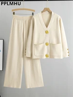 Fall Winter Women's Knit Sweater Sets Large Gold Button V-neck Cardigan Coats Conjunto High Waist Baggy 95cm Wide Leg Pants Suit 1