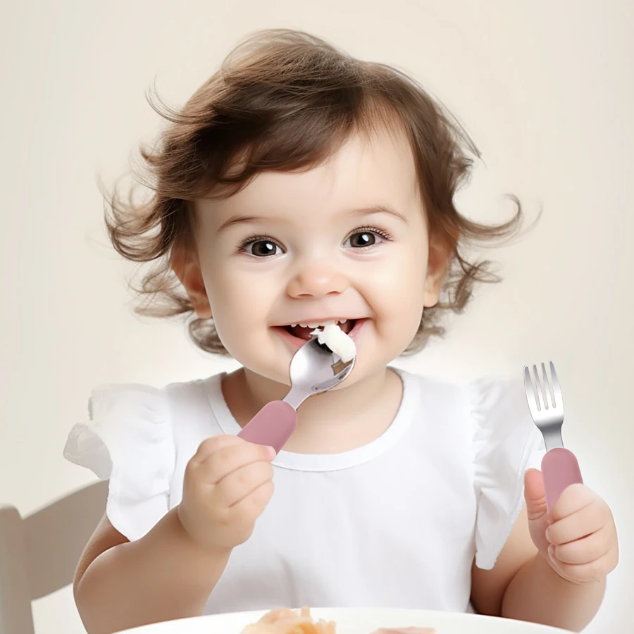 2PC Baby Silicone Stainless Steel Spoon Set Children's Training Fork Spoon Portable Baby Feeding Utensils Tableware Set With Box 6